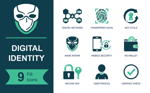 Digital identity icon set. Containing identity protection, mobile security, facial scan, secure profile, encrypted access, user verification and more. Solid fill vector icons collection.