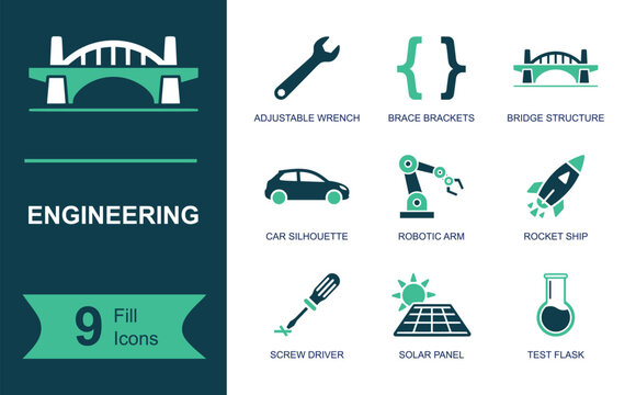 Engineering icon set. Containing adjustable wrench, bridge structure, construction tools, car engineering, robotic arm, solar panel and more. Solid fill vector icons collection.