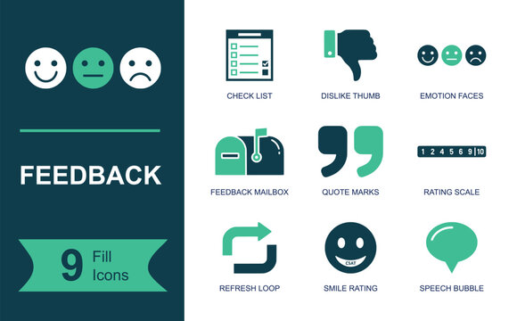 Feedback icon set. Containing customer review, rating scale, opinion survey, response management, quality comments, user satisfaction and more. Solid fill vector icons collection.