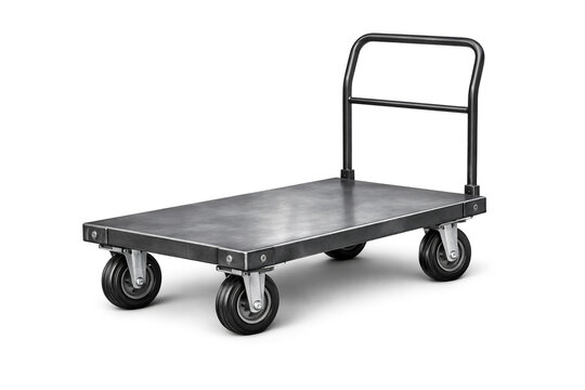 Metal utility cart with four swivel wheels on white background