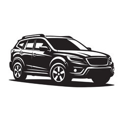 Obraz premium Modern SUV vector illustration, black and white crossover vehicle silhouette, sleek automotive car icon for dealership branding and logo design