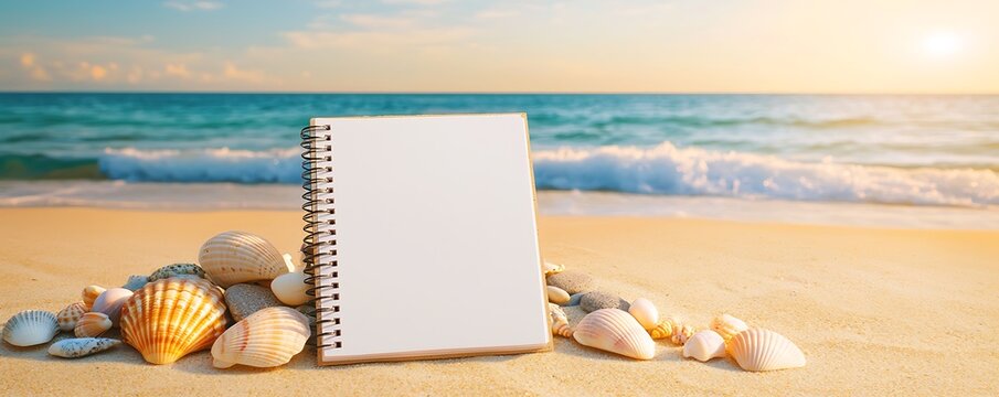 Tone Emotion Energy Dramatic Blank Notebook on Sandy Beach with Seashells and Ocean Waves