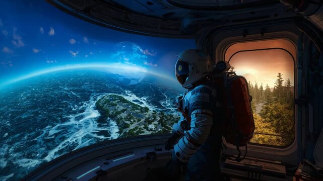 Astronaut in a spaceship looking out a window at a vibrant alien planet with a large moon in the sky Keywords: astronaut, space, spaceship, window, view, alien planet, earth, moon, galaxy, cosmos