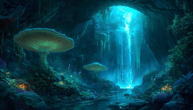 Magical underground cave with giant glowing mushrooms, mystical subterranean waterfall and bioluminescent fungi, fantasy cavern landscape