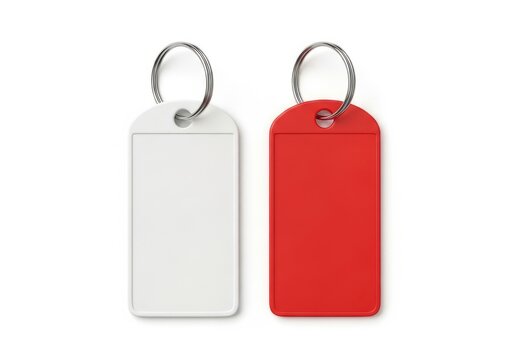 Two rectangular keychains in white and red colors with metal rings