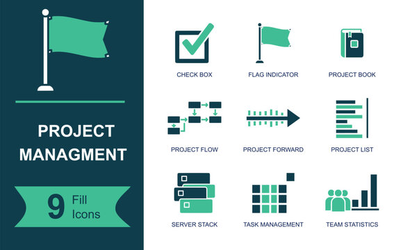 Project management icon set. Containing workflow planning, task scheduling, team coordination, business strategy, productivity tracking, project analytics and more. Solid fill vector icons collection