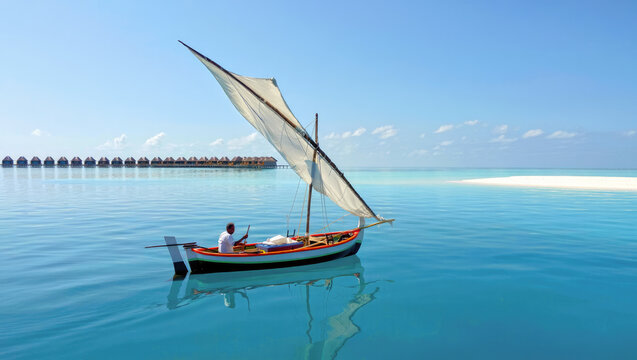 Traditional sailboat gliding on turquoise water in tropical resort location for travel and leisure promotions