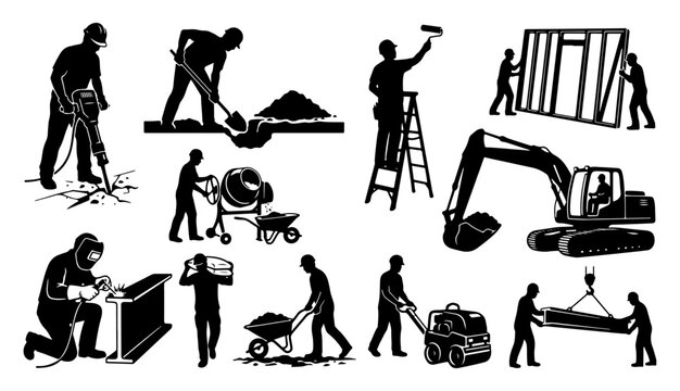 Construction worker and manual labor silhouette vector set, professional builders and engineers icons, construction, worker, builder, labor, work, job, engineer, building