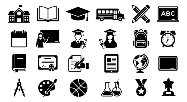 Education Vector Icons Set, Education icons design on white background, education, learn, books, school bus, symbol, silhouette, collection