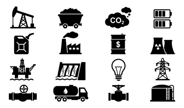 Energy resources and environmental pollution vector silhouette set, icons for coal mining dam electricity and carbon emissions concepts