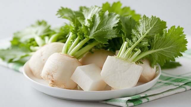 白い皿に盛られた葉付き大根と角切りの断面。キッチンでの調理準備。新鮮な根菜の家庭的なイメージ