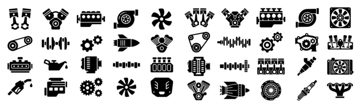 Mechanical engine parts and automotive components silhouette vector icons set, industrial hardware icons for vehicle repair and engineering