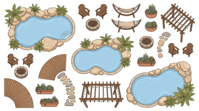 Top view landscape design elements set with swimming pools pergolas hammocks patio chairs fire pits and stone garden paths for architectural site plans