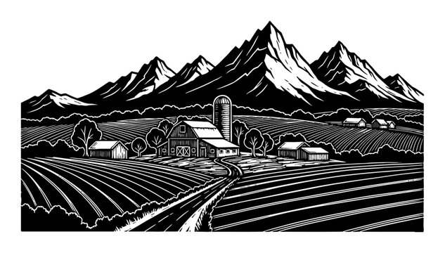 Beautiful Farm View with Mountains Black and White Outline Line Art Drawing Silhouette Illustration