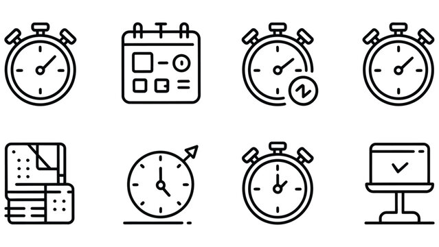 Eight black line icons of clocks timers calendars and computers on white background