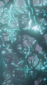The scene shows a forest with unique trees twisted in various shapes. Light filters through the branches, creating a magical atmosphere. Small lights sparkle around the trees.