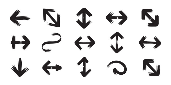 Collection of grunge hand-drawn arrows and pointers on transparent background.
