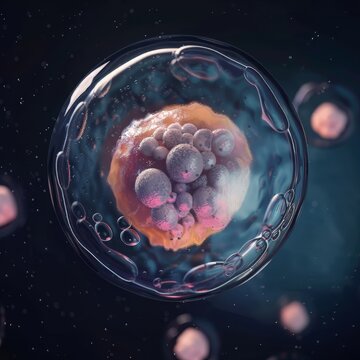 Microscopic view of a mature human egg cell with developing follicles and surrounding fluid