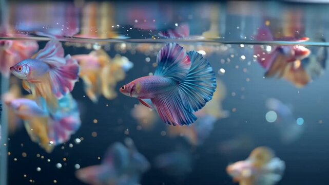 Colorful fish swimming in a bright blue aquarium with water light and decorative background