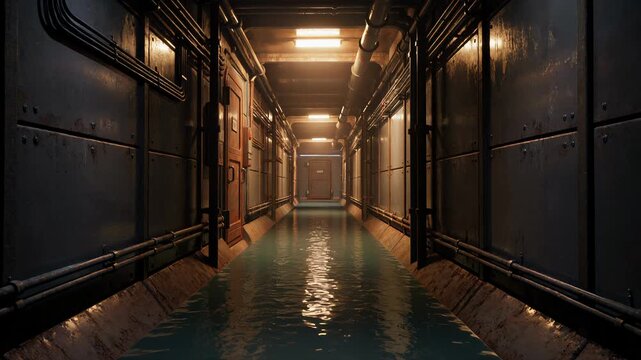 Dark Flooded Industrial Corridor of an Underground Bunker Facility