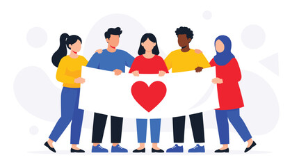 Fototapeta premium Diverse Group of Individuals Holding a Banner with a Heart Symbol Showing Unity and Love