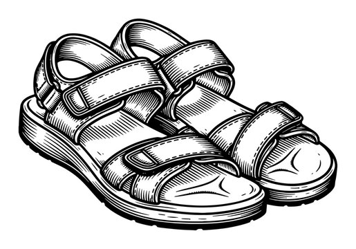 Summer Sandals Black and White Outline Line Art Drawing Vector Illustration for Fashion Footwear