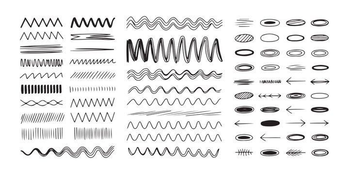 Collection of doodle lines zigzags waves and ovals and arrows on transparent background.