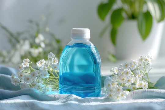 Bottle of blue liquid with white flowers and plant