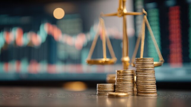 Balance scale with stacked coins on a blurred background