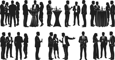 Obraz premium Silhouettes of people at a formal event or party, some holding drinks and conversing.