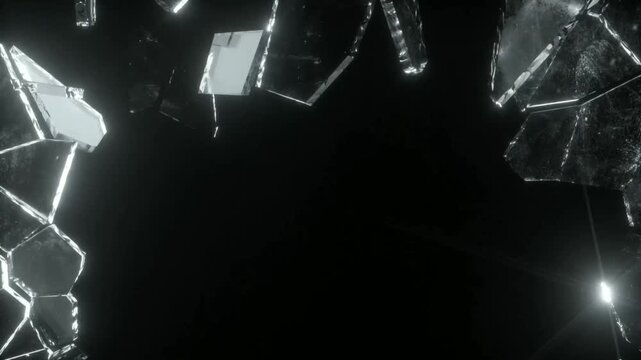 Dark Broken Glass Abstract Background with Shattered Crystal Fragments and Futuristic Black Cinematic Light Effect