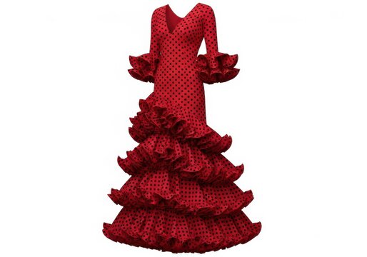 A vibrant red flamenco dress with intricate polka dot patterns and layered ruffles