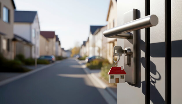 A key with a house-shaped keychain is inserted into the keyhole of a half-open front door against a residential street. Concept of real estate acquisition, housing, rent, insurance