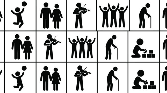Set of human life cycle icons, including childhood, adulthood, and old age