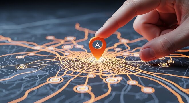A professional hand places a glowing orange location pin marker onto a digital map interface in this detailed close up shot showing modern navigation technology concepts
