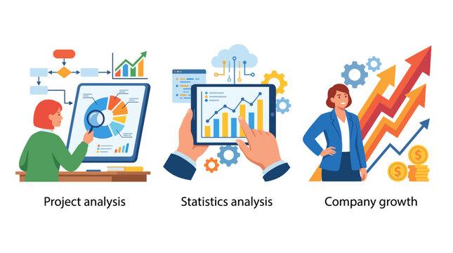 This image showcases project analysis through visual data representation, including pie charts, bar graphs, and flow diagrams to highlight key insights and trends.