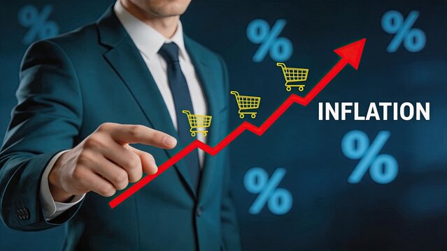 Consumer price index inflation trend, businessman pointing at rising red arrow graph with shopping cart icons indicating increasing costs and purchasing power decline in global