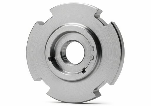 Close up view of a metallic part with a central hole and notches around the edge