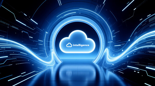 Futuristic cloud intelligence journey through mesmerizing tunnel of glowing digital vortex lines, showcasing advanced computing technology and data flow