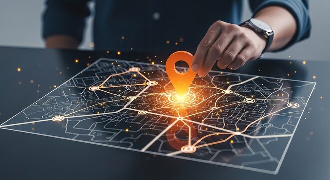 A professional hand places a glowing orange location pin marker onto a digital map interface in this detailed close up shot showing modern navigation technology concepts