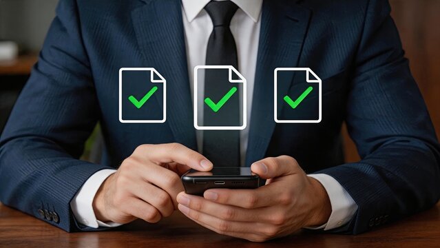 Businessman using smartphone for document verification, checking approved files with green checkmarks on mobile screen, corporate security and authentication process concept