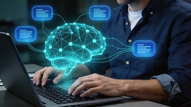 Man typing on laptop keyboard with glowing blue digital brain network and data nodes floating above, illustrating artificial intelligence, machine learning, neural networks, big