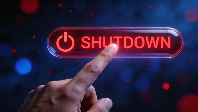 Close up of human finger pressing a glowing red neon shutdown power button on a dark futuristic digital background, symbolizing system termination, turning off technology, energy