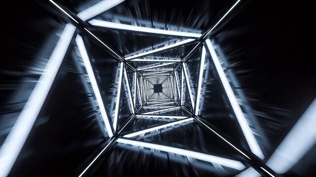 Abstract geometric tunnel with metal frames and perspective depth