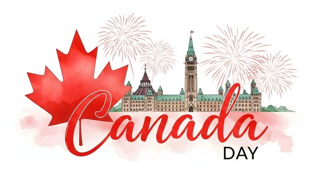 Happy canada day celebration with fireworks and canadian flag