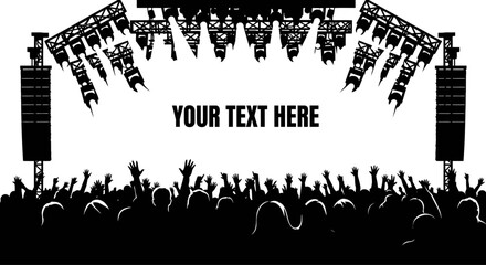 Obraz premium Concert stage silhouette with cheering crowd and copy space.