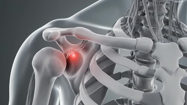 3D medical animation shows shoulder joint inflammation with red glow in skeletal anatomy. Shoulder displays painful injury. Medical shoulder shows inflammation. Anatomy reveals joint pain area.