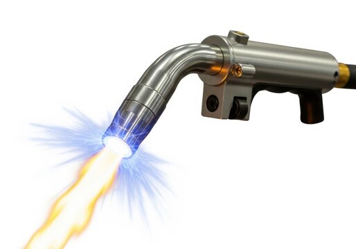 Close up of a welding torch with bright sparks flying out of the end.