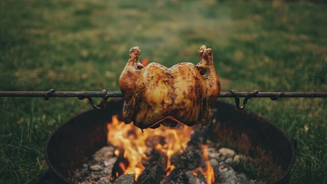 Roasted chicken turning on a spit above an open campfire in a natural outdoor setting. 