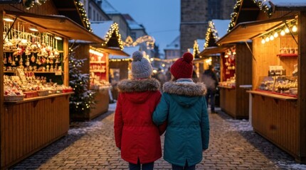 Naklejka premium two girls in colorful parkas walking at a christmas market, back view, twilight lights, festive wooden stalls, winter holiday scene